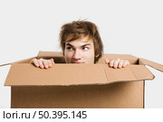Portrait of a handsome young man inside a cardbox. Стоковое фото, агентство Ingram Publishing / Фотобанк Лори