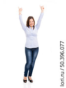 Beautiful woman really happy with both arms on the air, isolated over white background. Стоковое фото, агентство Ingram Publishing / Фотобанк Лори