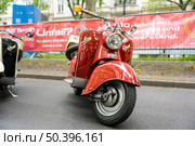 BERLIN – MAY 10, 2025: Rare IWL SR56 "Wiesel" vintage scooter at Classic Days Berlin exhibition. East German retro motorcycle. Редакционное фото, фотограф Sergey Kohl / Фотобанк Лори
