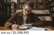 Young Caucasian woman with glasses writes in a notebook at a wooden table in a library. Bookshelves filled with books are in the background. Стоковое AI-видео, аниматор Ольга Невская / Фотобанк Лори