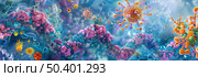 Artistic depiction of microscopic pathogens engaging with cellular defense mechanisms. Стоковое AI-изображение, AI-художник Данила Большаков / Фотобанк Лори