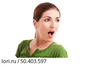 Portrait of a  young woman with a astonish expresion, isolated over white background. Стоковое фото, агентство Ingram Publishing / Фотобанк Лори