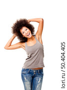 Happy Afro-American young woman isolated on white. Стоковое фото, агентство Ingram Publishing / Фотобанк Лори