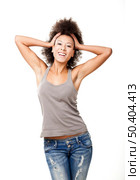 Happy Afro-American young woman isolated on white. Стоковое фото, агентство Ingram Publishing / Фотобанк Лори