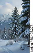 A snowy landscape with tree branches covered in snow, snowy mountains in the background, soft muted light, frontal view. Стоковое AI-видео, аниматор Sergey Grishin / Фотобанк Лори