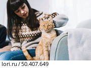 woman caressing ginger cat. Стоковое фото, агентство Ingram Publishing / Фотобанк Лори