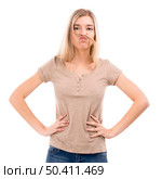 Blonde woman making a mustache with her own hair, isolated over white background. Стоковое фото, агентство Ingram Publishing / Фотобанк Лори