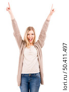 Beautiful blonde woman really happy with both arms on the air, isolated over white background. Стоковое фото, агентство Ingram Publishing / Фотобанк Лори