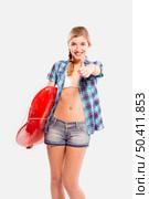 Beautiful young woman with a surfboard, over a gray background. Стоковое фото, агентство Ingram Publishing / Фотобанк Лори