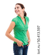 Beautiful young woman smilling, isolated over a white background. Стоковое фото, агентство Ingram Publishing / Фотобанк Лори
