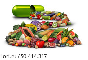 Natural Vitamin nutrition and supplements as a capsule with fruit vegetables nuts and beans inside a nutrient pill as a naturally sourced medicine health treatment with 3D illustration elements. Стоковое фото, агентство Ingram Publishing / Фотобанк Лори