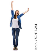 Beautiful woman and verry happy woman with arms on the air, isolated over white background. Happy Woman. Стоковое фото, агентство Ingram Publishing / Фотобанк Лори