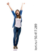 Beautiful woman and verry happy woman with arms on the air, isolated over white background. Happy Woman. Стоковое фото, агентство Ingram Publishing / Фотобанк Лори