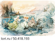 A fantasy scene in a fairy tale style in watercolor. In the foreground are three beautiful mermaids with long flowing hair and wavy dresses, emerging from the water. One of them, with fiery hair, stretches out her arms to the other, as if saving her or dragging her into the watery abyss. The water around is seething and foaming, creating a sense of magic and danger. In the background is a wooded shore, cliffs and a misty perspective. The atmosphere of mystery, romance and magic of nature is conveyed through soft, pastel colors and watercolor technique. Стоковое AI-изображение, AI-художник Анна Кривицкая / Фотобанк Лори
