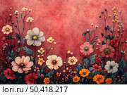 A vibrant and stylish artistic illustration of wildflowers against a rich red wall. Flowers of various shapes and colors, from cream and yellow to pink and orange, are detailed and harmoniously distributed across the lower part of the image. The contrast between the red background and the dark green foliage adds expressiveness and decorative appeal to the composition. Suitable for use in interior design, postcards, textiles and packaging. Стоковое AI-изображение, AI-художник Анна Кривицкая / Фотобанк Лори