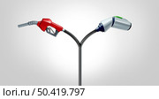 Energy choice concept as EV or electric vehicle battery technology and traditional fossil fuel gas pump representing transportation fueling decisions as a 3D illustration. Стоковое фото, агентство Ingram Publishing / Фотобанк Лори