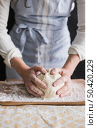 close up female kneading dough with flour. Стоковое фото, агентство Ingram Publishing / Фотобанк Лори