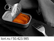 high angle tin can with food fork. Стоковое фото, агентство Ingram Publishing / Фотобанк Лори