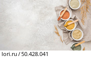 top view selection bowls with powder copy space. Стоковое фото, агентство Ingram Publishing / Фотобанк Лори