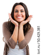 Portrait of a beautiful woman smiling, isolated on white. Стоковое фото, агентство Ingram Publishing / Фотобанк Лори