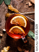 top view tea glass with lemon crystallized sugar. Стоковое фото, агентство Ingram Publishing / Фотобанк Лори