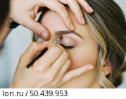 Последние штрихи в создание идеального свадебного макияжа невесте. Крупный план. Стоковое AI-изображение, AI-художник Сергей Никифоров-Гордеев / Фотобанк Лори