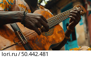 Close-up view of a guitarists hands skillfully strumming the strings of a wooden guitar. Стоковое AI-изображение, AI-художник Данила Большаков / Фотобанк Лори
