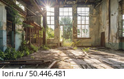 Dilapidated building with a high number of windows, showing signs of neglect and decay. Стоковое AI-изображение, AI-художник Данила Большаков / Фотобанк Лори
