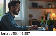 Adult modern age man, creative professional or office worker enjoys time at home. Work remotely during involuntary self isolation in quarantine. Comfortable workplace. Стоковое AI-видео, аниматор Sergey Grishin / Фотобанк Лори