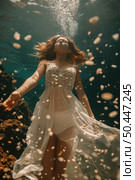 Charming woman wearing a white dress is submerged underwater. Стоковое AI-изображение, AI-художник Данила Большаков / Фотобанк Лори