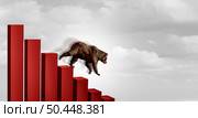 Declining economy and World economy and business decline or economic fall and world business crisis with a bearish market Bear falling with a downward trend as a financial concept in a 3D illustration style. Стоковое фото, агентство Ingram Publishing / Фотобанк Лори