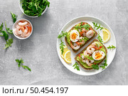 Toast with shrimps, avocado guacomole, arugula and boiled egg, top view. Стоковое фото, агентство Ingram Publishing / Фотобанк Лори