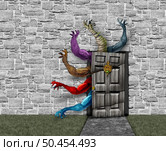 Monsters in a Haunted Halloween house as a creepy zombies breaking out of a an old scary mansion door representing evil spirits and horror with 3D illustration elements. Стоковое фото, агентство Ingram Publishing / Фотобанк Лори