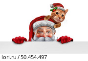Santa Claus holding a banner with a cute Christmas cat as a festive winter celebration with pets as a fun holiday season symbol with 3D illustration elements. Стоковое фото, агентство Ingram Publishing / Фотобанк Лори