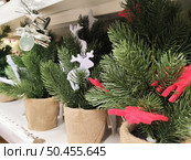 Small table Christmas trees with toys. Symbols of Christmas and New Year. Sale of Christmas New Year's paraphernalia. Стоковое фото, фотограф Кристина Шоба / Фотобанк Лори