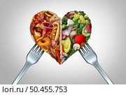 Unhealthy And Healthy Food Choice and diet decision concept or nutrition choices dilemma between good fresh fruit and vegetables with a dinner fork or junk food with high fat and sodium as divided love shaped as a heart with 3D illustration elements. Стоковое фото, агентство Ingram Publishing / Фотобанк Лори