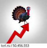 Thanksgiving inflation and rising autumn food cost or grocery prices surging costs of supermarket turkey and groceries as a financial crisis concept with an upward red finance graph arrow with 3D render elements. Стоковое фото, агентство Ingram Publishing / Фотобанк Лори