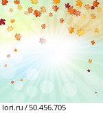 Autumn frame with blowing maple leaves over fall vanilla sky background with sunlight rays and glows. Elegant warm autumn leaf design. Vector illustration. Стоковая иллюстрация, агентство Ingram Publishing / Фотобанк Лори