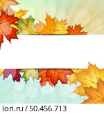 Autumn frame with blowing maple leaves over fall vanilla sky background with sunlight rays and glows. Elegant warm autumn leaf design. Vector illustration. Стоковая иллюстрация, агентство Ingram Publishing / Фотобанк Лори