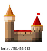 Medieval tower and castle walls isolated on white background, cutout ready, vector picture. Стоковая иллюстрация, иллюстратор Елена  Попкова / Фотобанк Лори