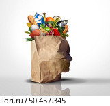 Smart grocery shopping and budget consumer as a shopper of groceries with a Bag shaped as a human head Full of food as a family consumer budgeting concept with 3D render elements. Стоковое фото, агентство Ingram Publishing / Фотобанк Лори