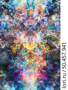 An abstract painting filled with bright colors and various shapes, creating a dynamic and visually engaging composition. Стоковое AI-изображение, AI-художник Данила Большаков / Фотобанк Лори