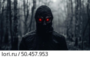 A man with glowing red eyes standing in a dimly lit forest, surrounded by thick trees and eerie shadows. Стоковое AI-изображение, AI-художник Данила Большаков / Фотобанк Лори