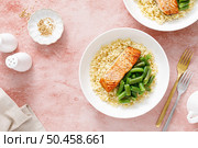 Salmon fillet grilled with bulgur and green beans. Healthy food, diet. Top view. Стоковое фото, агентство Ingram Publishing / Фотобанк Лори