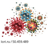 Triple virus outbreak or Tripledemic Covid Flu And RSV or respiratory syncytial virus with three pathogen cells dangerous infectious disease cells as a 3D illustration. Стоковое фото, агентство Ingram Publishing / Фотобанк Лори