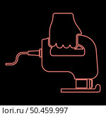 Neon electric fretsaw Tool Hand jig saw in use Arm red color vector illustration image flat style light. Neon electric fretsaw Tool Hand jig saw in use Arm red color vector illustration image flat style. Стоковая иллюстрация, агентство Ingram Publishing / Фотобанк Лори
