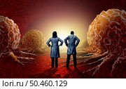 Cancer Biology research and oncologist or geneticist team finding treatment solutions to Malignant cancerous tumors and Metastasis anatomy concept as a scientist and biologist doctor inside inside the human body as a 3D illustration. Стоковое фото, агентство Ingram Publishing / Фотобанк Лори