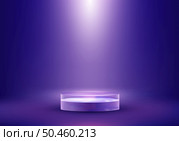 3D realistic crystal glass transparent podium pedestal stand product display with spotlight minimal wall scene on blue background. You can use for presentation product platform. Vector illustration. Стоковая иллюстрация, агентство Ingram Publishing / Фотобанк Лори