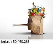 Food Industry Fraud as mislabeling and diluting or manipulating grocery items to increase profit as a consumer being mislead or false advertising of origin or  misrepresenting ingredients as a grocery bag shaped as a as a head with a long nose with 3D illustration elements. Стоковое фото, агентство Ingram Publishing / Фотобанк Лори