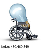 Rehabilitation Ideas and accessibility or Elderly care concept as a symbol for physical disabilities or mobility impairments solution as a wheel chair or wheelchair carrying a lightbulb as agiing and senior support as a health and healthare symbol with 3D illustration elements. Стоковое фото, агентство Ingram Publishing / Фотобанк Лори